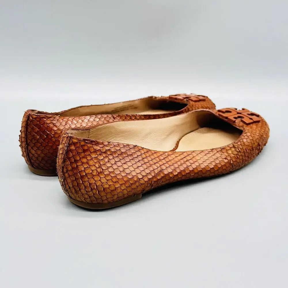 Tory Burch Shoes Womens 6 Brown Leather Snake Embossed Ballet Flats Logo Slip On